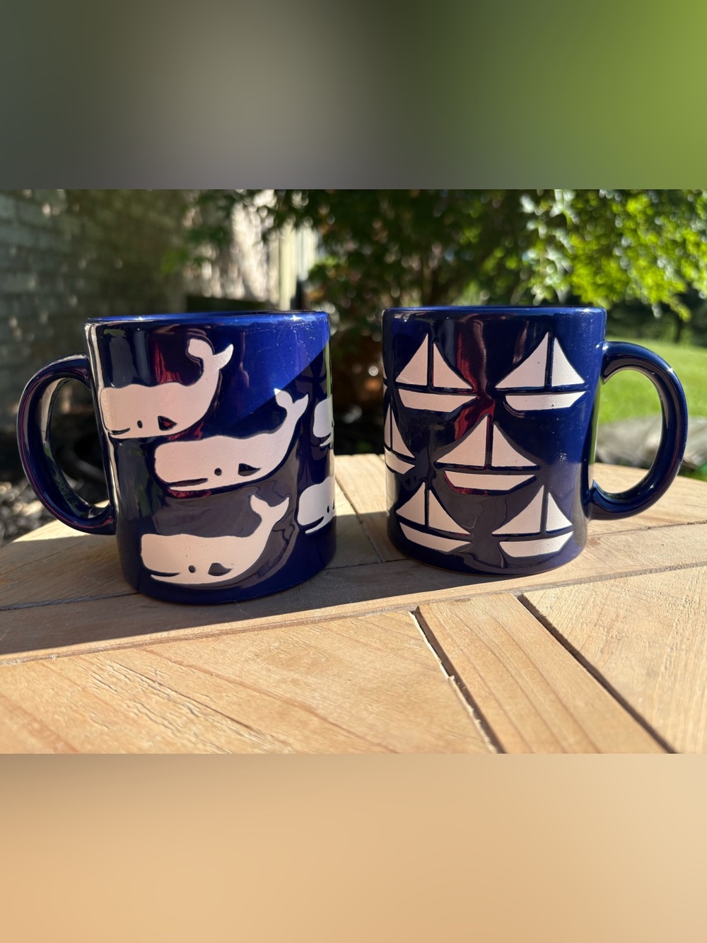RARE 🔥 Two Vintage Waechtersbach Cobalt Blue Mugs White Whales 🐳 & Sailboats ⛵️